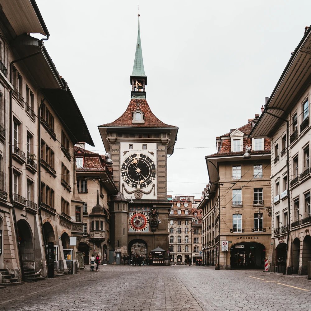 Medieval architecture and Zytglogge clock tower in Bern Old Town